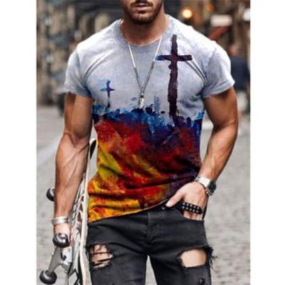 Men's T-shirt with Cross Print Round Neck Short Sleeved Street Fashion T-shirt