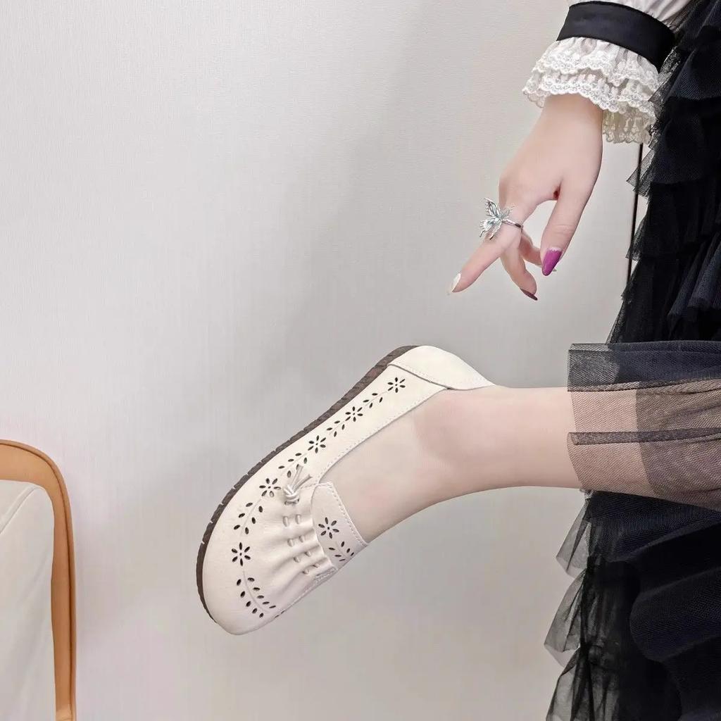 Fashion Leather Casual Women's Flat Shoes Round Toe Low Heel Elegant Beige Vacation Chic Luxury Brand 2025 Trend Social Ladies Footwear