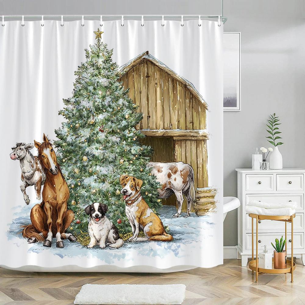 1Pc Rustic Farmhouse Christmas Shower Curtain - Vintage Barn Style With Horse, Dog, Cow & Pig Design, 70.8X70.8 Inch, Machine Wa