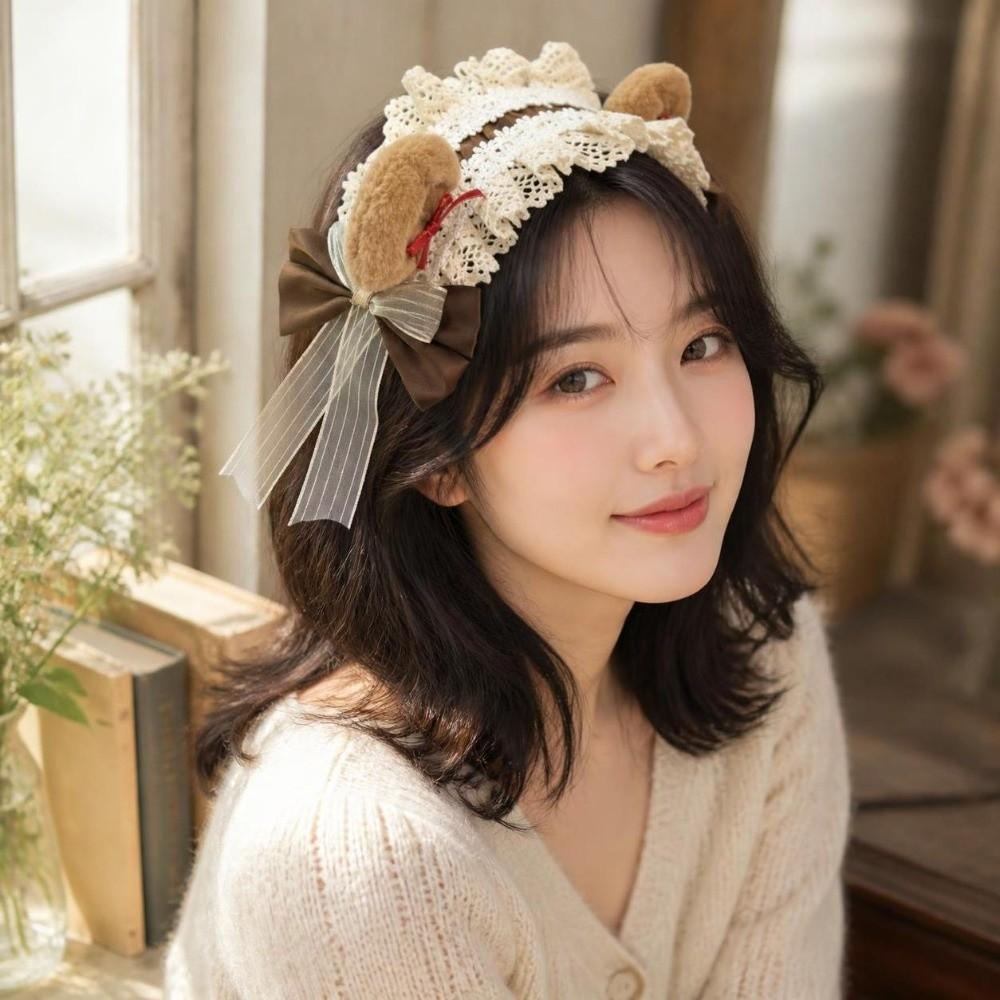 Big Bow Lolita Headband Fluffy Plush Cosplay Hair Accessory Casual Bear Ear Headband Halloween