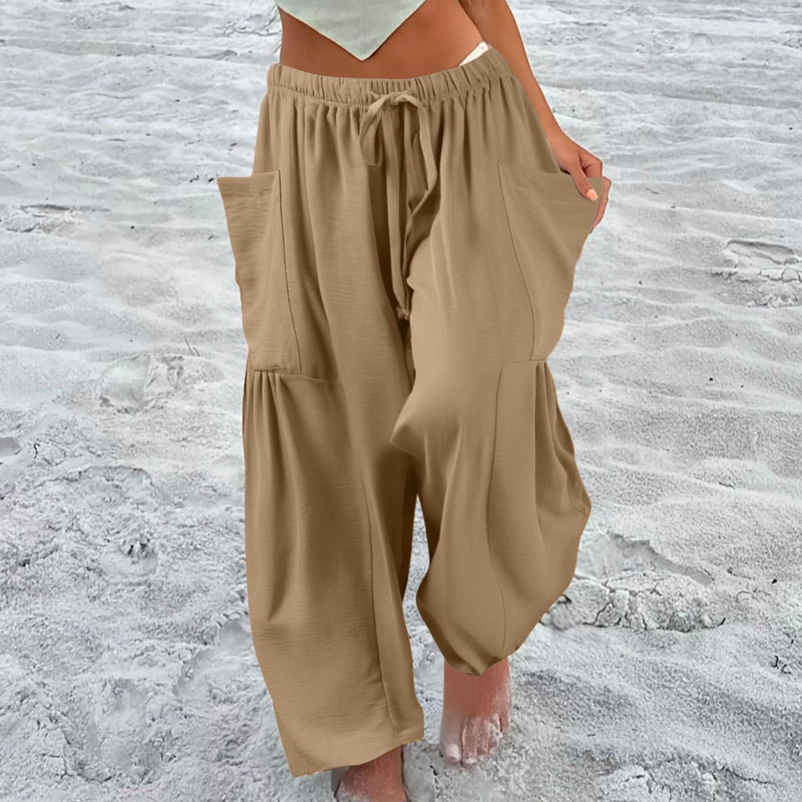 

Женские брюки больших размеров с широкими штанинами и средней талией, летние мешковатые брюки с карманами XL кофейный