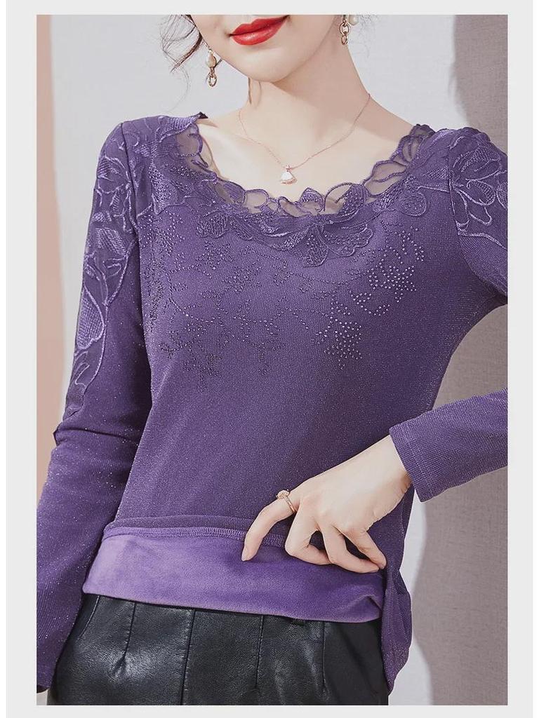 2024 Women's Plus-Size Long Sleeve Lace Mesh Warm Shirt