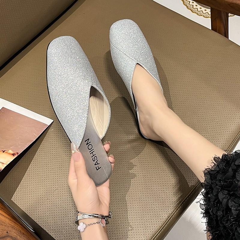 Fashion Square-toed, Half-flip-flops for Summer Women Wearing 2025 New Sequined Soft Flat One-foot Muller Flip-flops