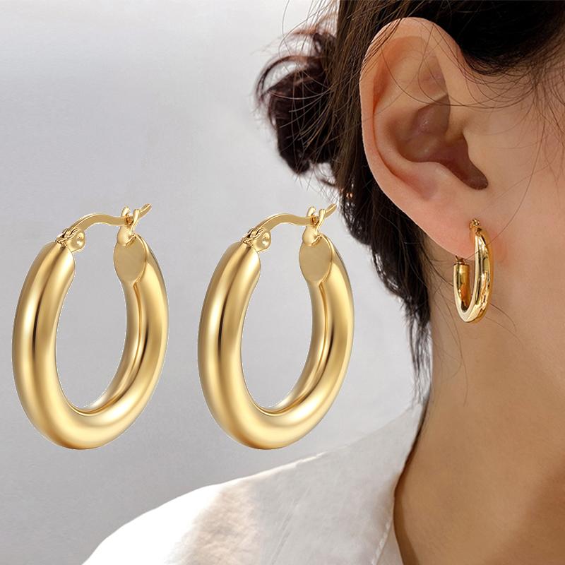 Classic Fashion Smooth Round Hoop Earrings For Women Stainless Steel 5Mm Thick Ear Buckle Huggie Earrings Circle Vintage Jewelry