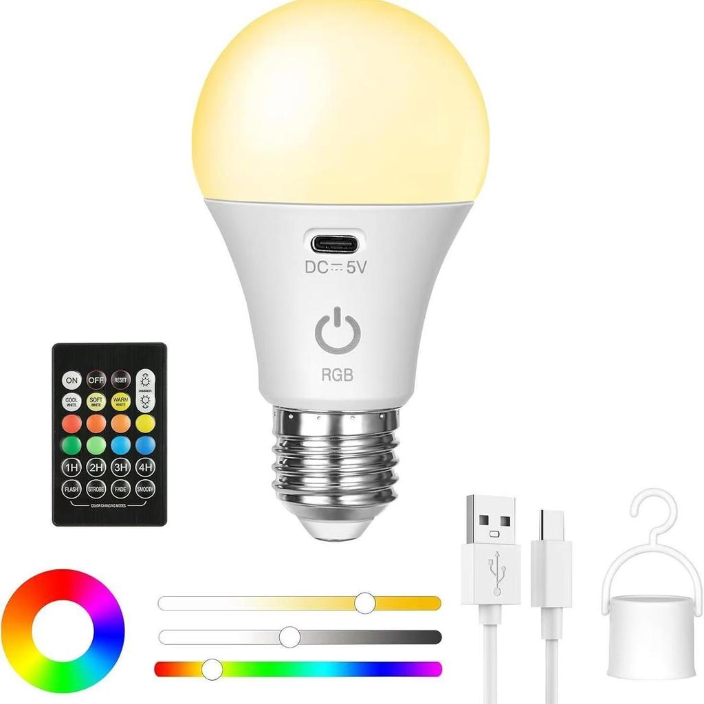 Rechargeable E26 Light Bulb with Remote Control and Three-Color Dimming for Wall and Table Lamps, No Power Source Required.