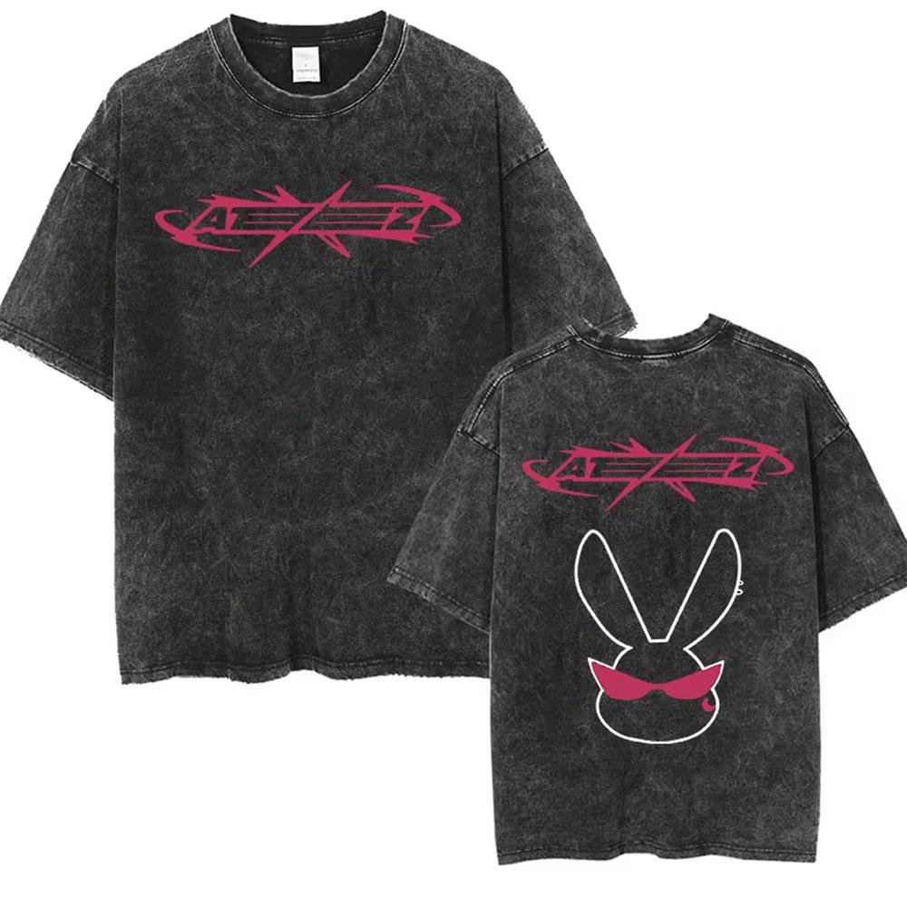 Ateez 2025 World Tour in Your Fantasy Tour Cherry Vintage Washed T Shirt Korean Kpop Fashion T-shirt Men's Women Cotton T-shirts