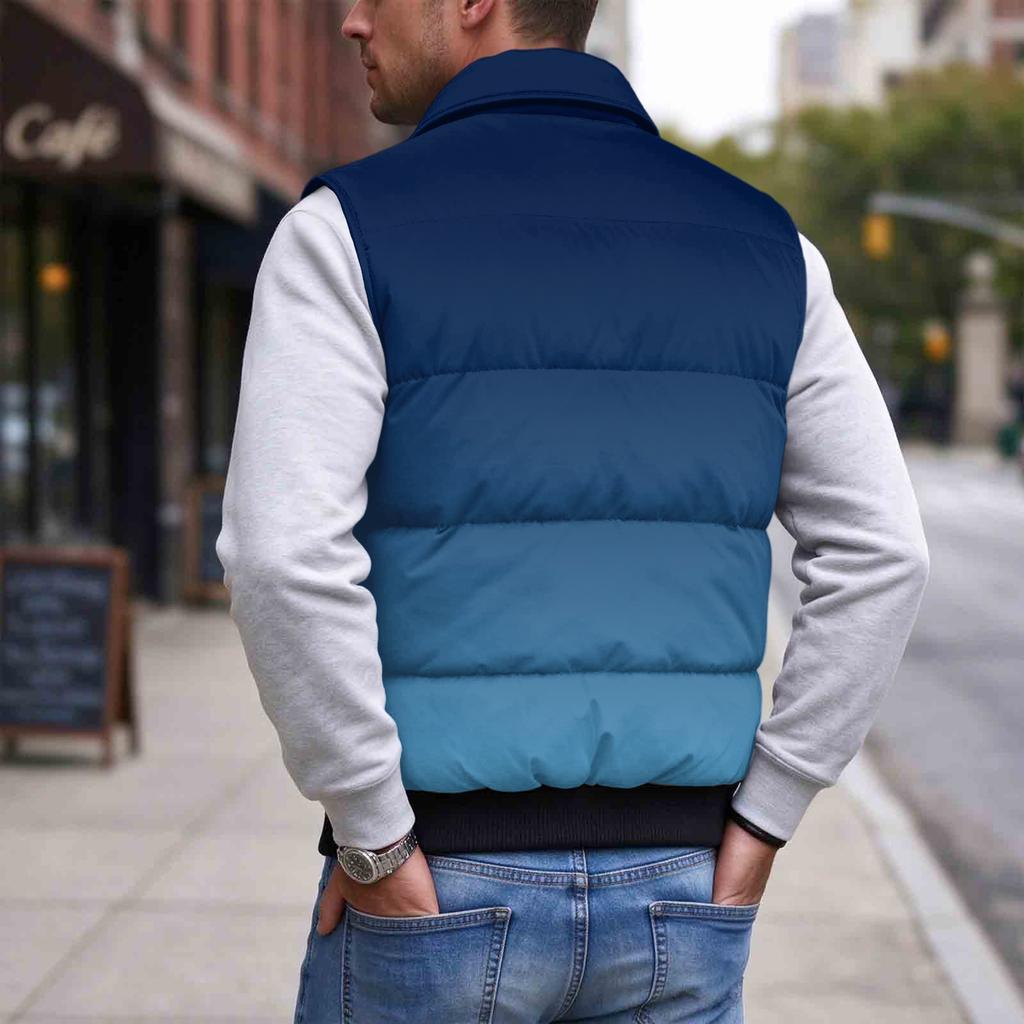 Men's Casual Loose Fit Padded Vest Zip Front Lapel Collar with Pockets Gradient Print Sleeveless Jacket