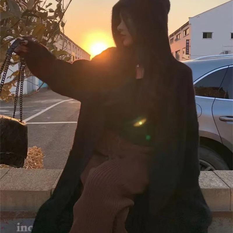 

Темпераментный тонкий имитация норки бархатный длинный свитер-жакет женский осенне-зимний новый свободный ленивый ветер с капюшоном вязаный кардиган one size fits all чёрный