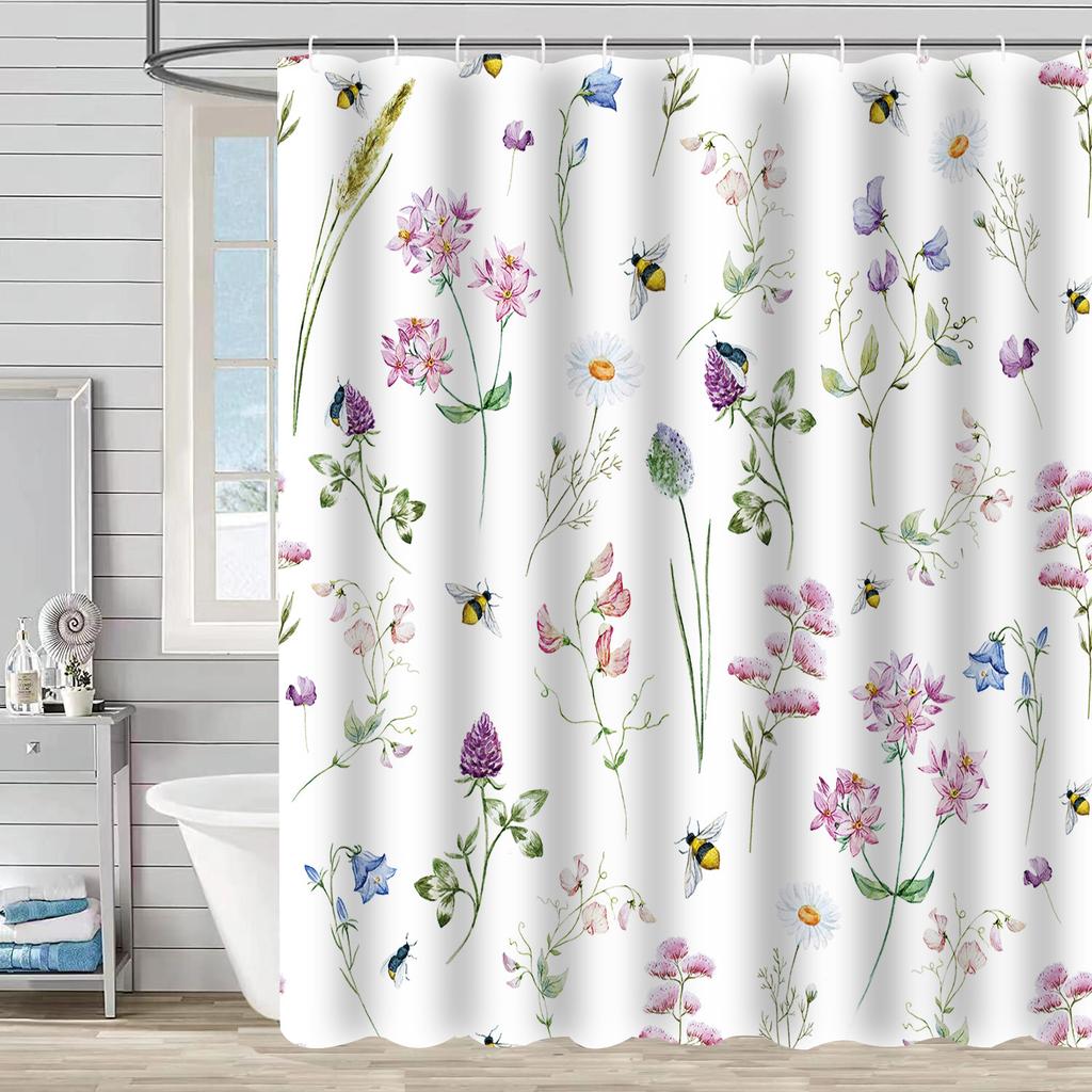 Waterproof Shower Curtain 3D Printing Tropical Jungle Plant Leaves Flowering Season Polyester Shower Curtain Free Hook