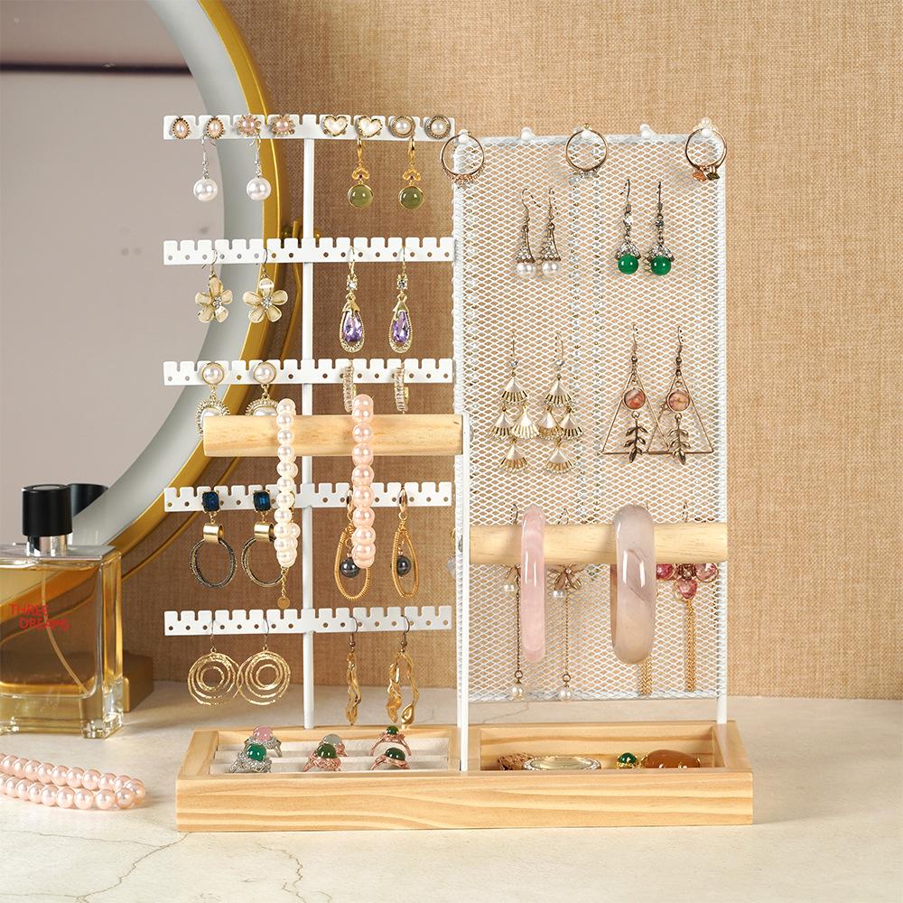 

Оригинальный дизайн для : Золотая двухосевая стойка для ювелирных изделий с демонтажем, основание из цельного дерева, пластина для хранения колец, стойка для ювелирных изделий в виде сережек 28x12x33cm белый