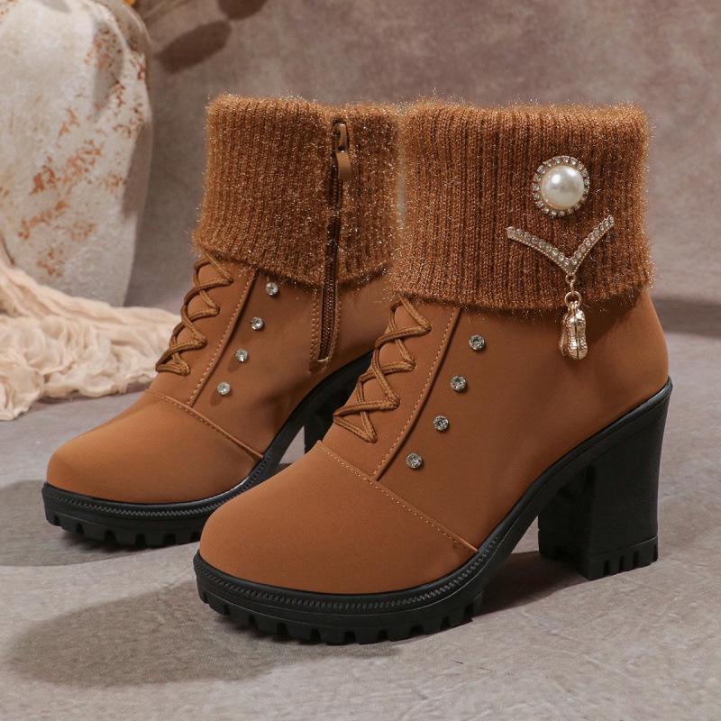 Autumn new boots rhinestone wool mouth high heel thick heel large size fashion boots shoe zipper