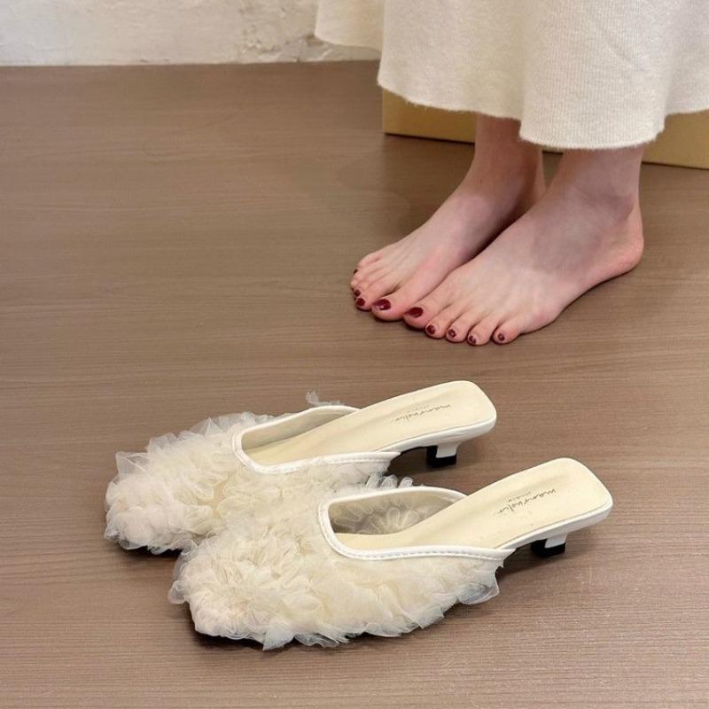 Fashion 2025 Summer Hot Sale Women’s Closed Toe Slippers Pleated Square Toe Thin Heels Sandals for Outdoor Fashion Daily Dress Slippers