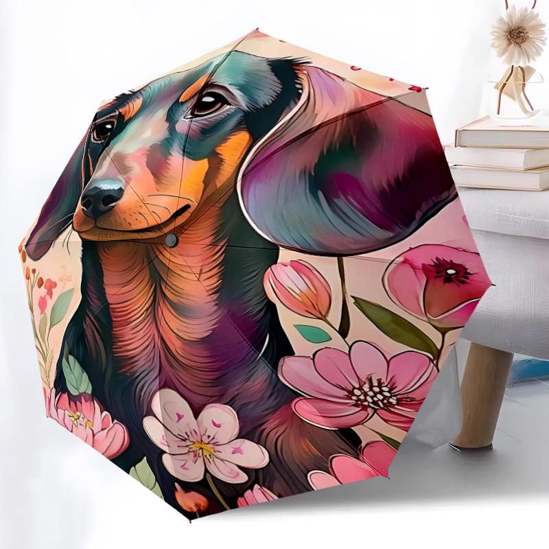 1pc Dachshund Floral Automatic Folding Umbrella - Windproof Compact Travel Umbrella with Auto Open/Close, 8-Rib Heavy-Duty Shaft for Women/Men A005