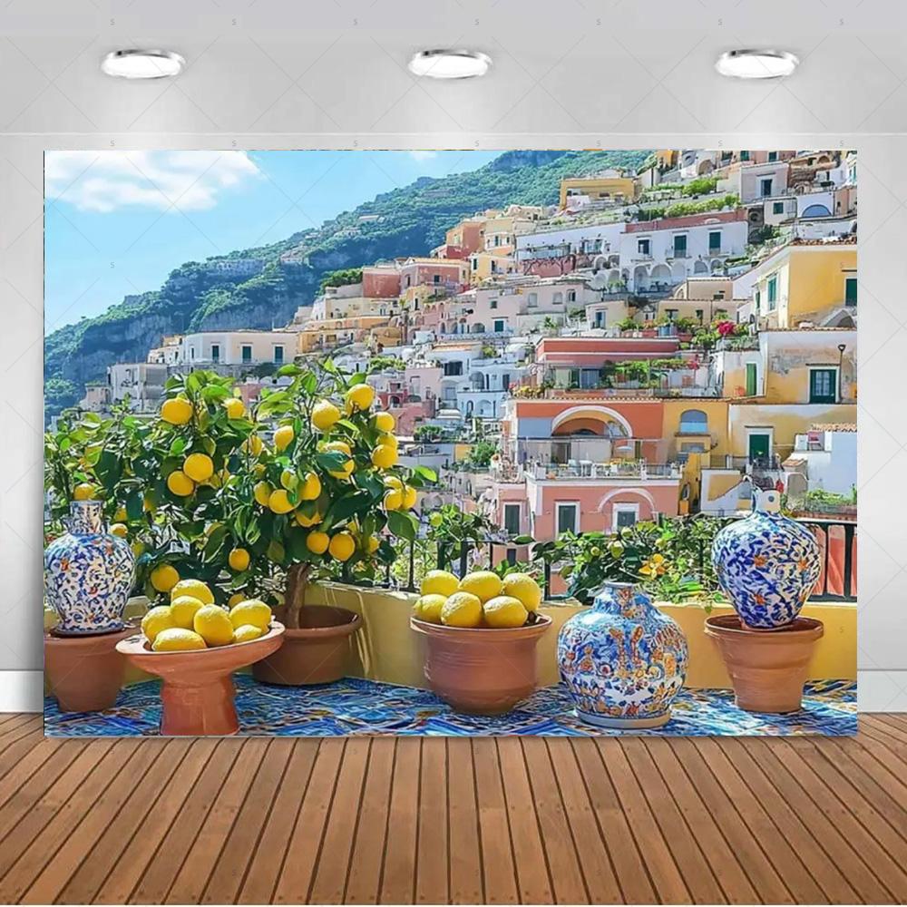 Seaside Town Lemon Tree Background Banner Open Window Landscape Backdrop Supplies Photography Prop Birthday Party Decorations