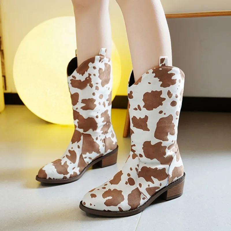 

Spring Autumn Women Mid-calf Boot 2024 Trendy New Pointed Rider Boots Casual Slip-On Mujer Zapatos Low Heel Western Cowboy Boots 43 коричневий