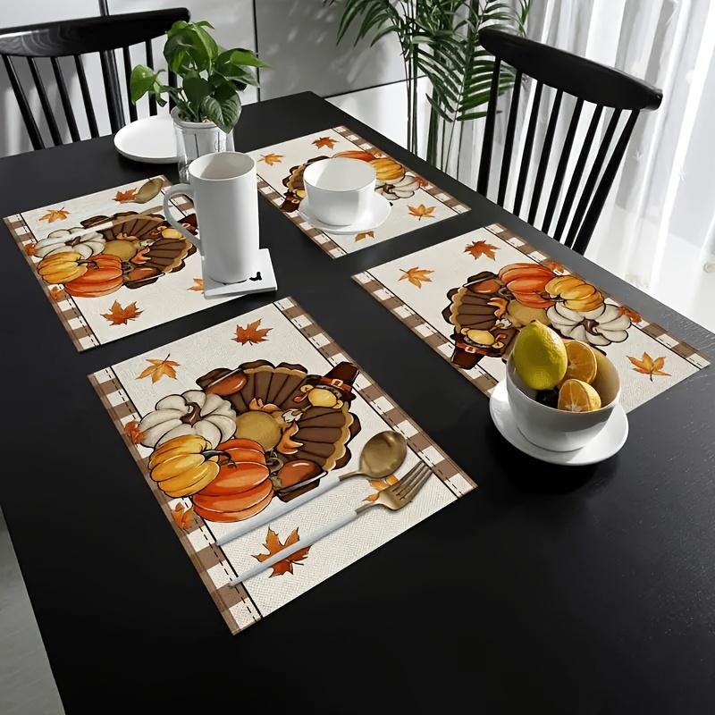 4pcs Placemats Thanksgiving Placemats - Autumn Turkey, Pumpkin Maple Leaf Design - Heat Resistant, Wipeable Polyester