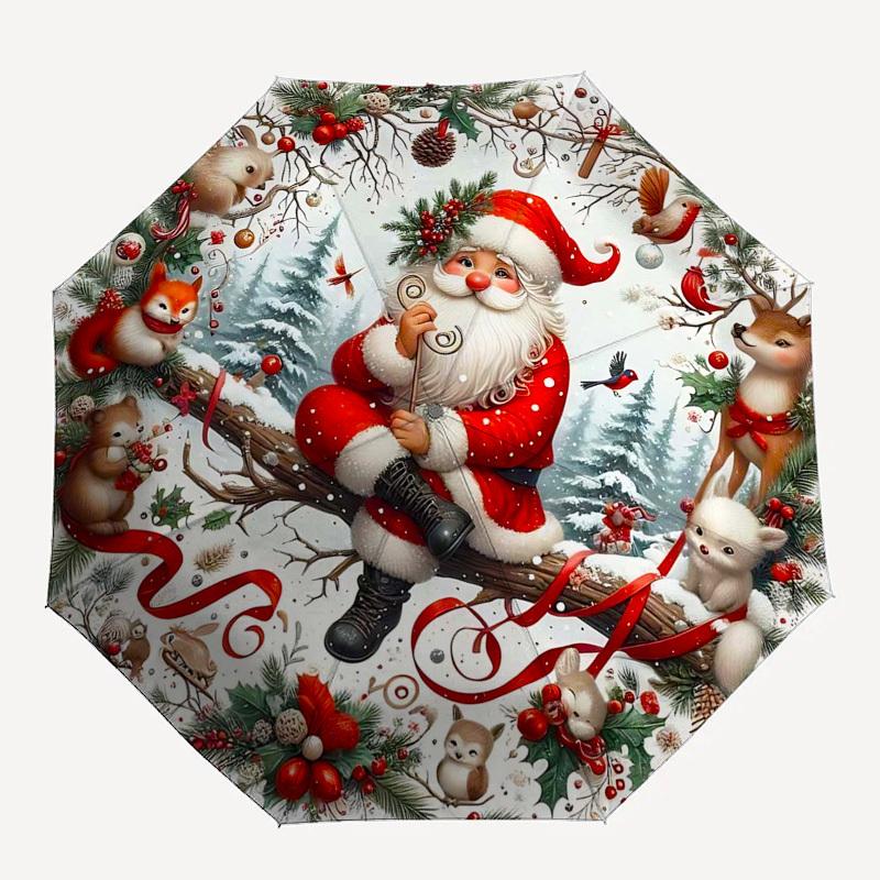 1pc Christmas Wreath with Santa Claus - Automatic Folding Umbrella, Portable 3-Fold Design, 8-Bone Iron Frame Outdoor Umbrella, Festive Gift for Fans,