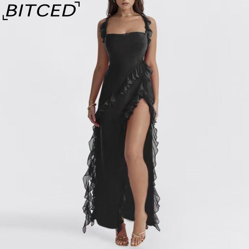 BITCED Women's Fashionable and Sensual Summer/Autumn Dress with Puffed Sleeves, Paneled Design and Elegant Slit