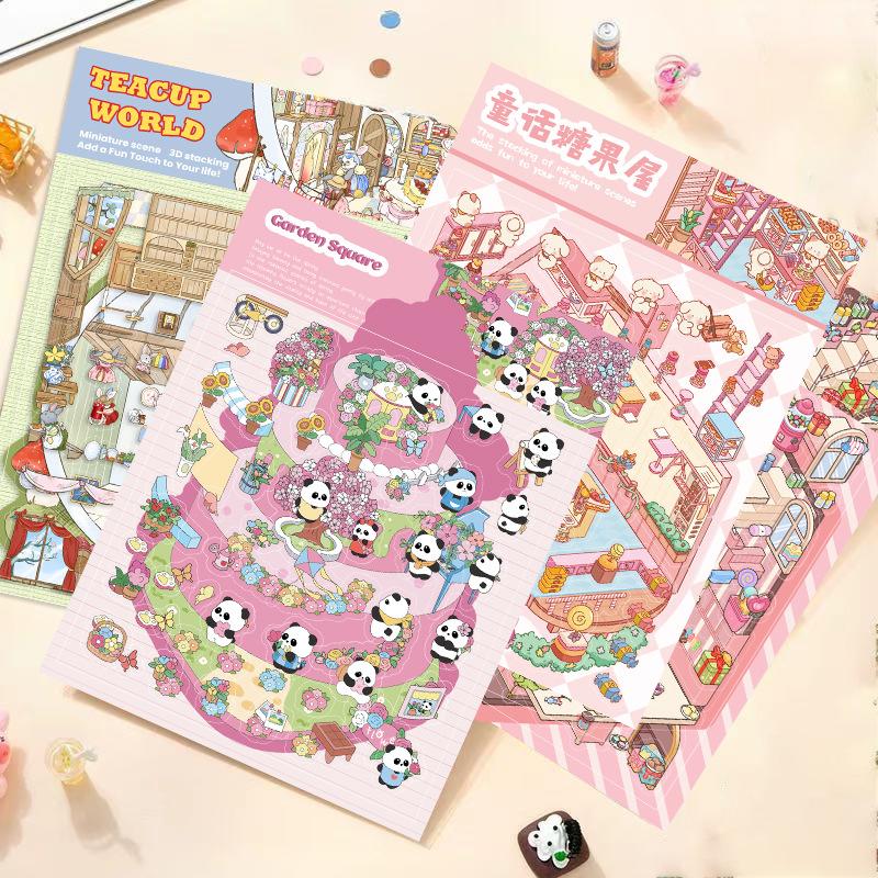 Cartoon Landscape Pink Panda Square Sticker Miniature World 3D Hut Unzip DIY Scene Manual