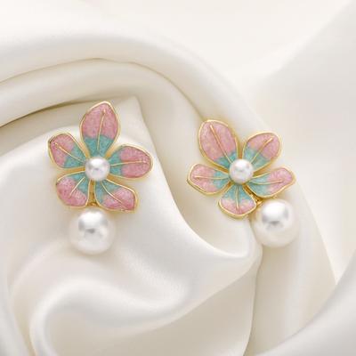 Enamel Big Flower Imitation Pearl Korean Design Drop Earrings Exaggerated Wedding Party Jewelry Accessories Christmas Gift