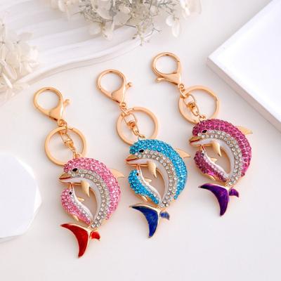 Rhinestone Dolphin Key Ring Metal Cartoon Whale Pendant  Gifts for Dolphin Lovers