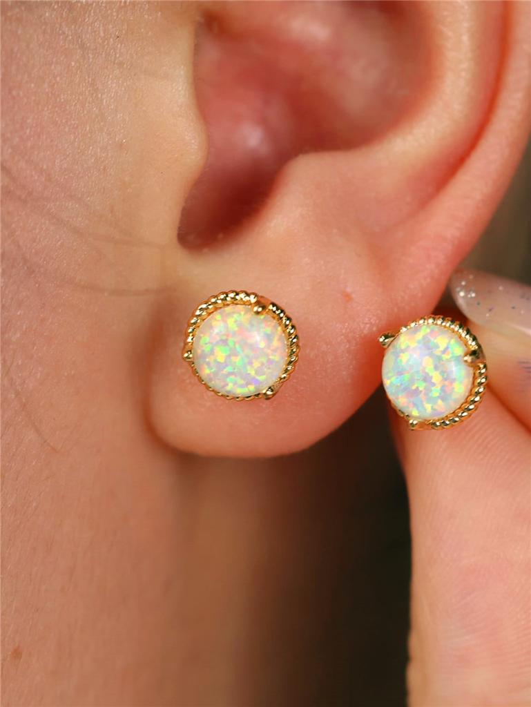 Female Small White Round Fire Opal Stone Stud Earrings Trendy Yellow Gold Color Wedding  For Women