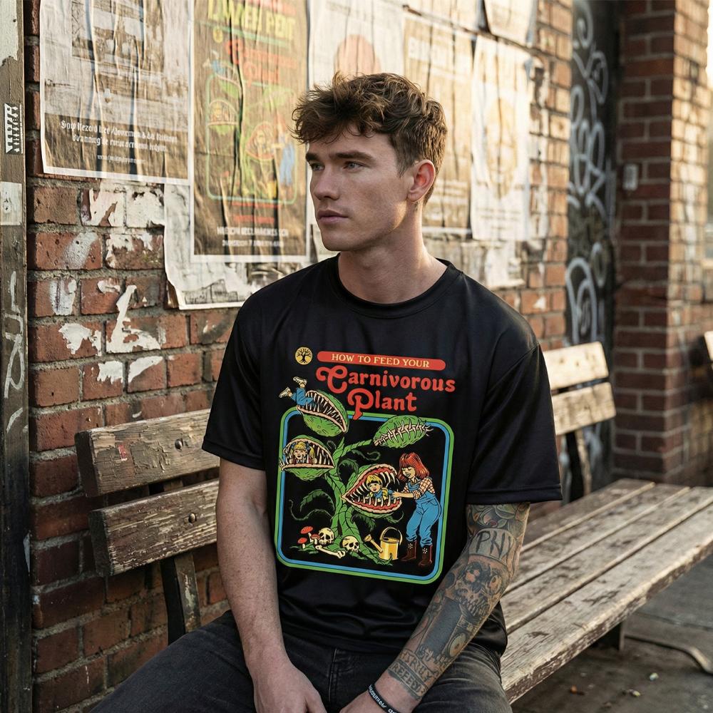 Fun Carnivorous Plant Feeding Guide Pattern Tshirt Mens Retro Style ShortSleeve Tee Summer Street Casual Crew Neck Top