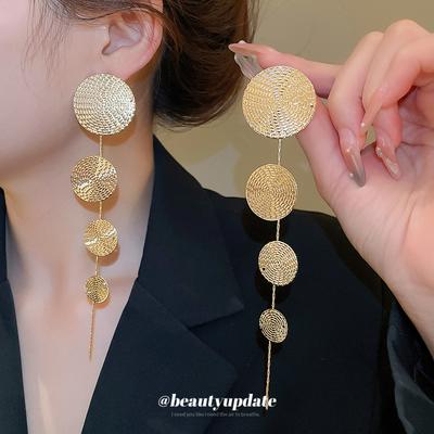 Silbernadel Metall Rund Textur Lange Fransenohrringe Einfache Vielseitige Steckerohrringe Ohrringe Design Sinn Nische Frauen