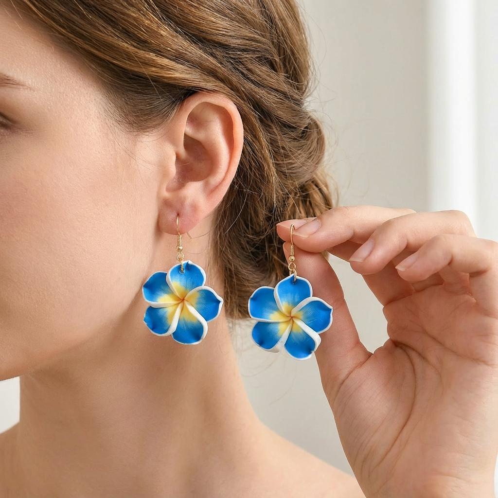 Trendy Handmade Polymer Clay Plumeria Drop Earrings for Women Romantic Pink Flower Dangle Earrings Boho Summer Beach Jewelry