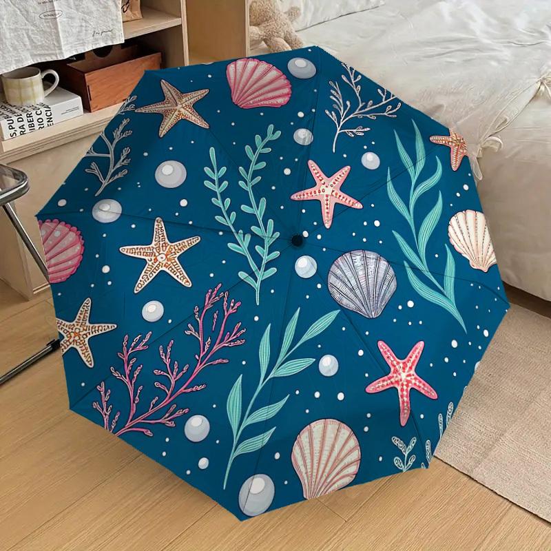 1pc Oceanic Seashells Starfish Pearls Pattern Umbrella with Plastic Handle,Suitable for All Seasons Home Travel Outdoor UmbrellaDD1595