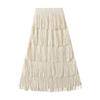 Qooth Women Tassel Splicing Pleated Skirt Elegant Elastic Waist All Match A-line Long Skirt For Spring Summer QT2140
