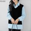 Women Casual Turn Down Collar Long Sleeve Patchwork Blouse