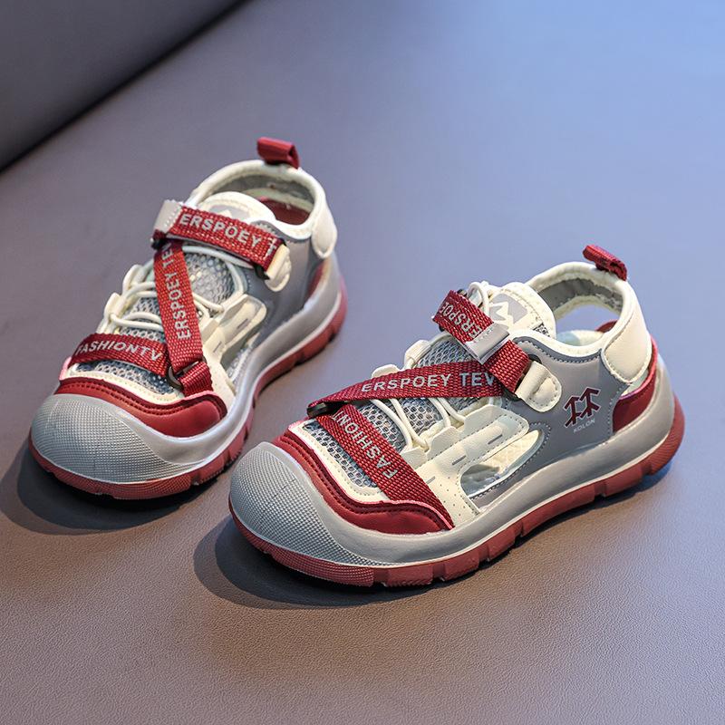 

Children Casual Shoes Hollowed-out Kids Sandals Sports Running 2025 Summer New Students Flat Shoes Toes Capped Non-slip Trendy 26 красный