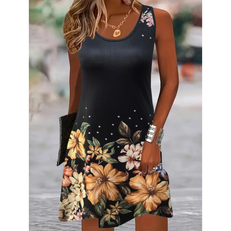 Robe d'été sans manches à imprimé floral, robe de mode à col rond, ample, décontractée, simple, florale, élégante, trapèze, courte, pour soirée, vêtements de femme douce