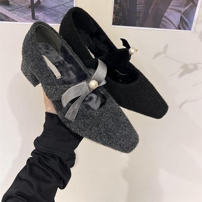 French Medium and High Heel Gray Single Shoes Women's Shoes 2024 Autumn and Winter Velvet Square Head Evening Shoes Mary Jane Mao Mao Shoes
