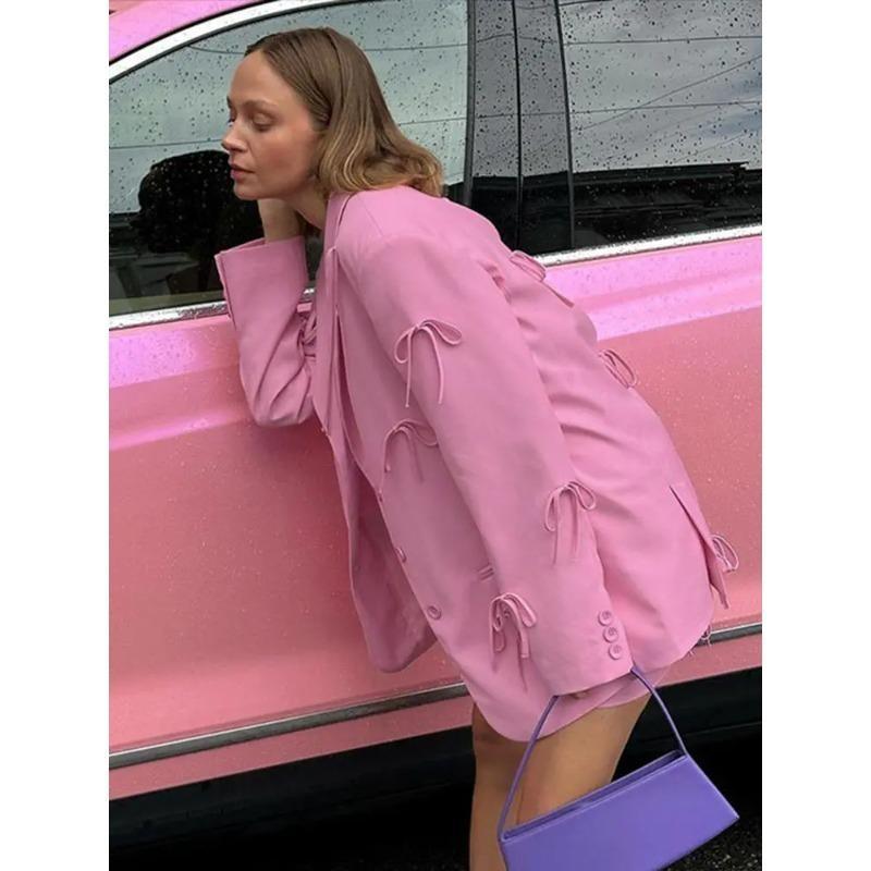 Women Y2k Bow Casual Office Blazer Top Cute Notch Lapel Button Up Jacket Oversized Long Sleeve Coat