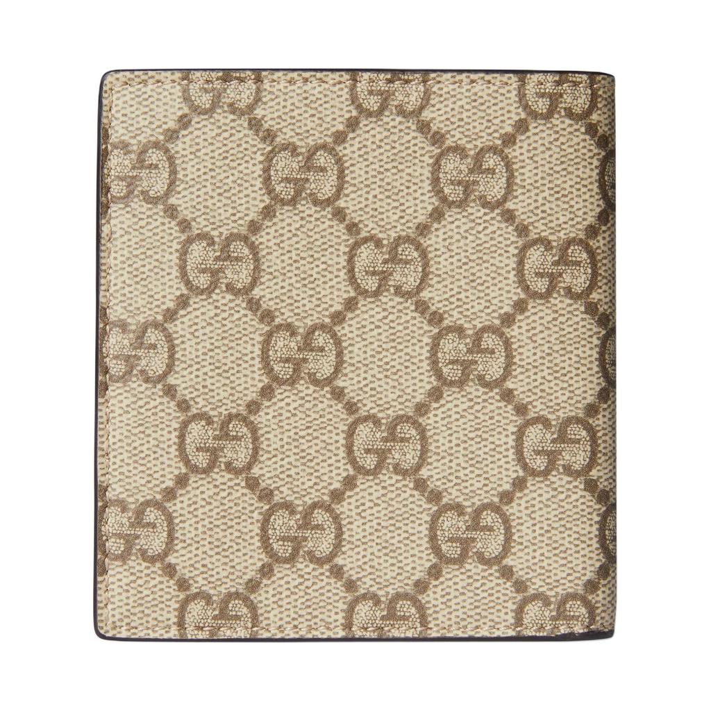 Gucci GG Supreme Beige Brown Bi-Fold Wallet, Classic Monogram Canvas Leather Trim, Men's Daily Travel Compact Card Holder 821206-FAED0-9786