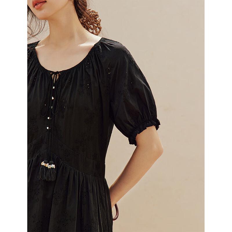 INMAN French Embroidered Shell Tassel Lantern Sleeve Maxi Dress