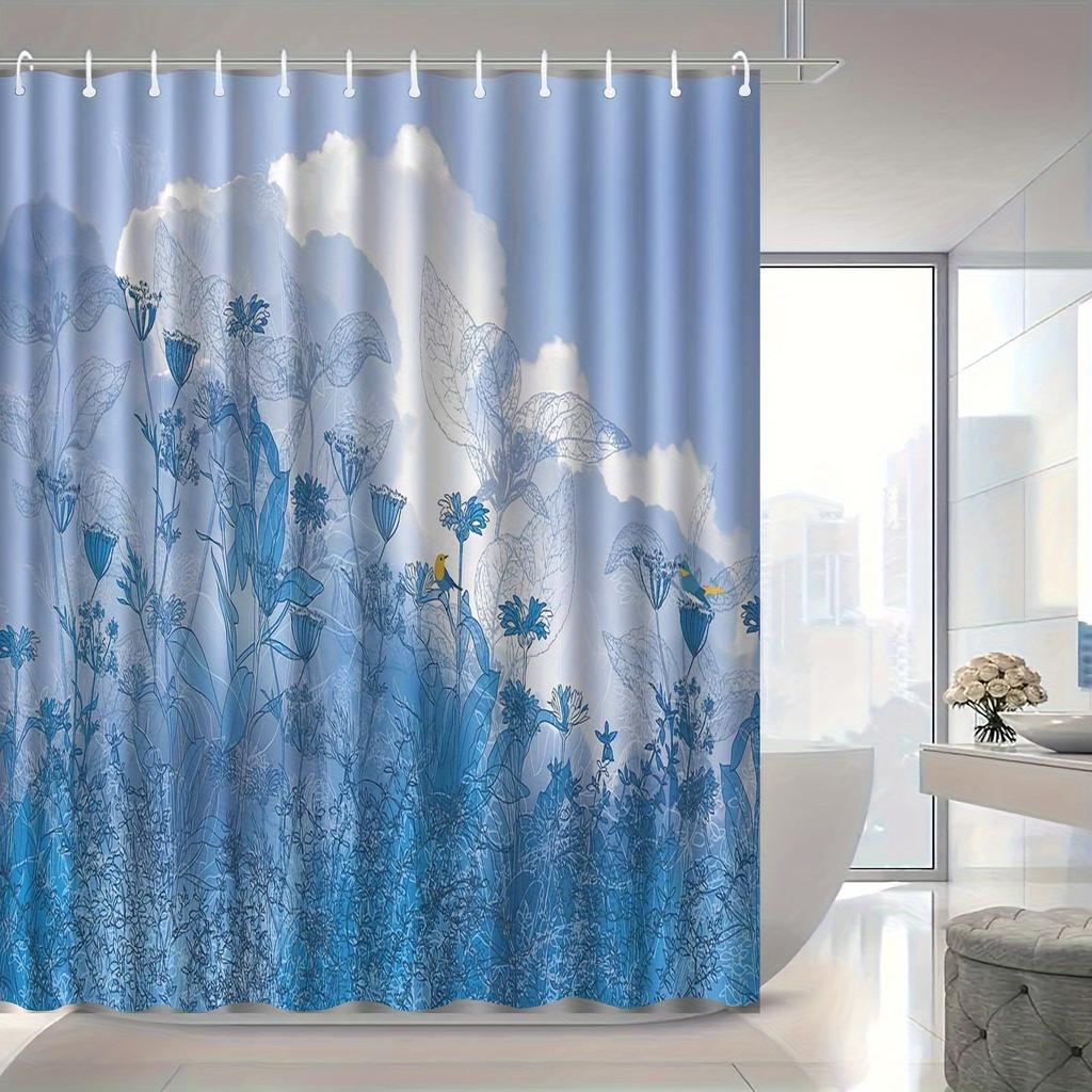 1Pc Blue Floral Cloud Pattern Shower Curtain, Polyester Fabric, Machine Washable, Suitable For Bathroom Dcor.