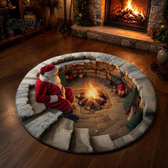 Retro Style Floor Pad Christmas Round Area Rug, 3D Optical Illusion Carpet, Stain & Wear Visual Rug Resistant Throw for Living Room Sofa Bedroom