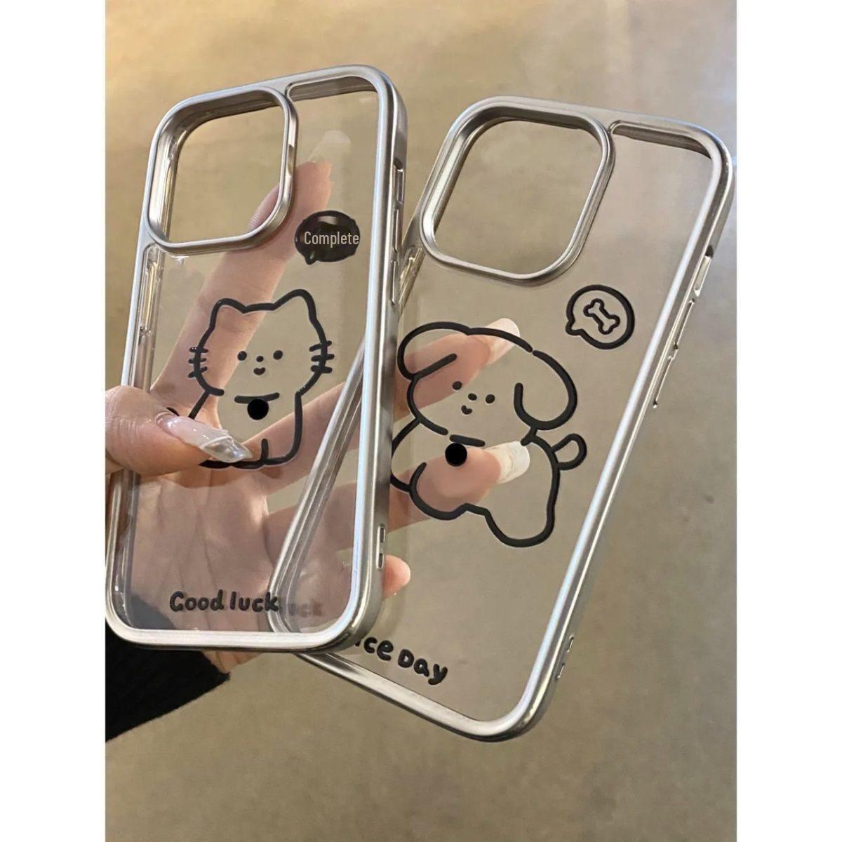 

Чехол Cartoon Puppy & Kitten, гальванизированная серебряная рамка, для Apple 11/12/13/14/15 Pro Max 11 Pro Max