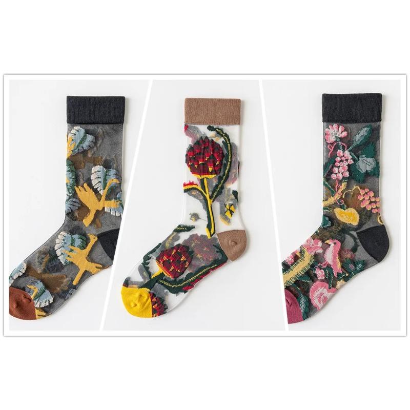 3 Pares Nuevos Set de Calcetines Transparentes Lindos de Gato para Mujer Coreanos Florales Animales Verano Delgados Kawaii Set de Calcetines de Seda para Mujer