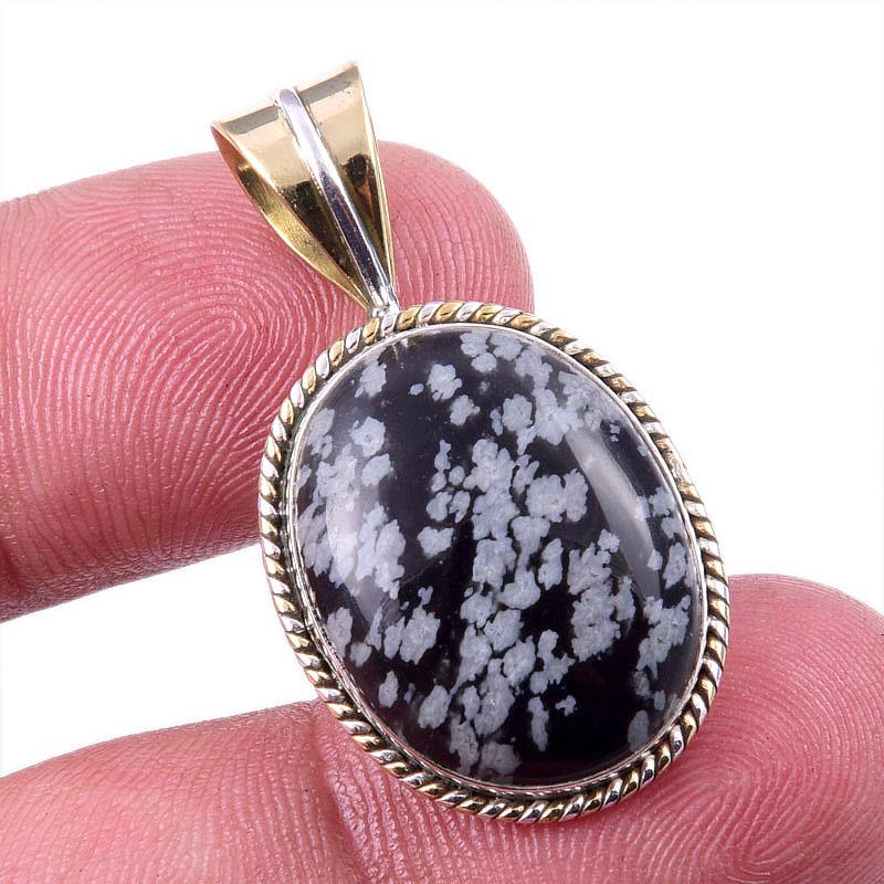 

Natural Snowflake Obsidian Gemstone 925 Solid Silver Two Tone Pendant 1.50 V0g07