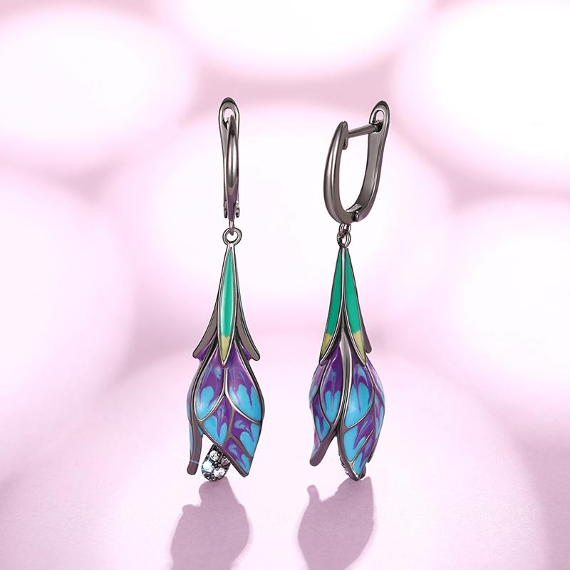 

Huitan Charming Black Tulip Flower Dangle Earrings for Women Personality Accessories Wedding Party Newly Designed Trendy Zircon