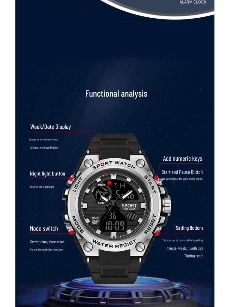 Men's Korean Style Multifunctional Outdoor Sports Luminous Dual Display Electronic Watch