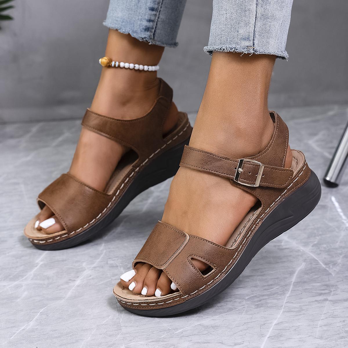 

Fashion Women s Sandals Casual Summer Shoes Woman 2025 Summer Sandals Buckle Low Heels Sandals Comfortable Wedges Footwear Women 43 коричневый