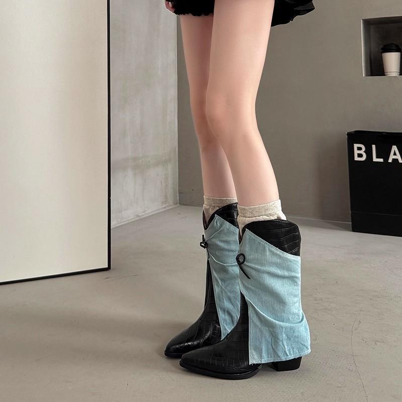 Thick-soled thick heel inner height increase medium tube short boots season bow pointed trousers boots women's high-heeled knight boots tide
