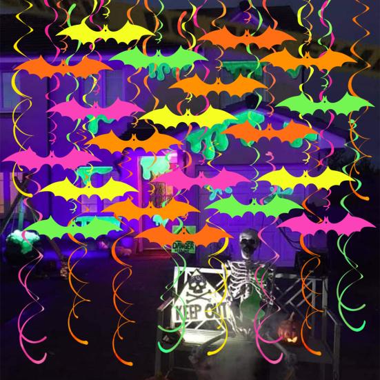 Glow In The Dark Halloween Bat Decoration Fluorescent Paper Bat Hanging Swirls Halloween Party Ceiling Streamers for Neon Party Room Decor