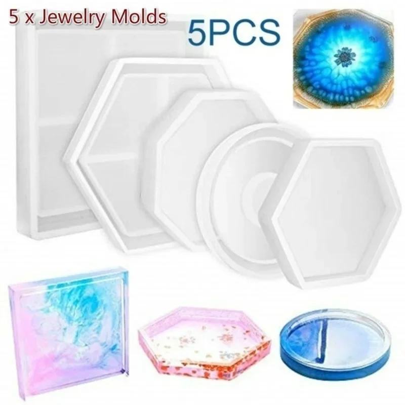 5Pcs Handmade Mirror Silicone Coaster Molds Hexagonal Square Base Mold Kit Resin Key Zone Square Epoxy Casting Mold Home Supplis