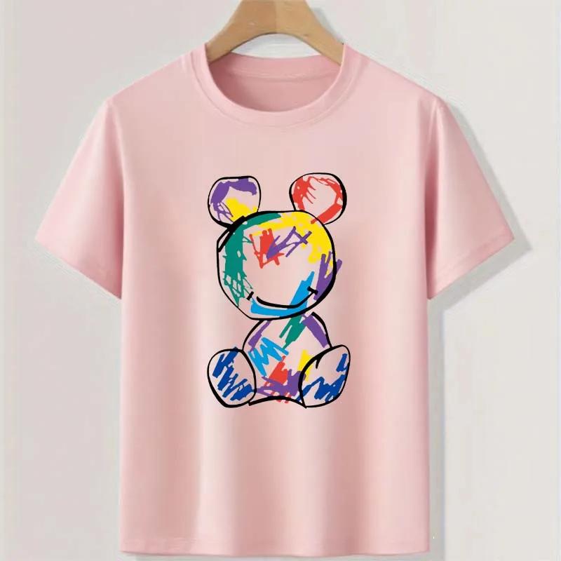 Graffiti Bear Teenage Colorful Tops Clothing Summer Boys Casual Cool Streetwear Round Neck Short Sleeve Children T-shirt